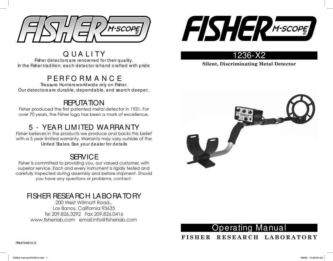 Fisher 1236-X2 warranty Q U A L I T Y, P E R F O R M A N C E, Reputation, Year Limited Warranty, Service, Operating Manual 