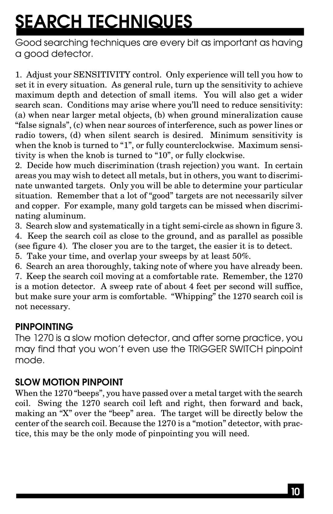 Fisher 1270 manual Search Techniques, Pinpointing, Slow Motion Pinpoint 