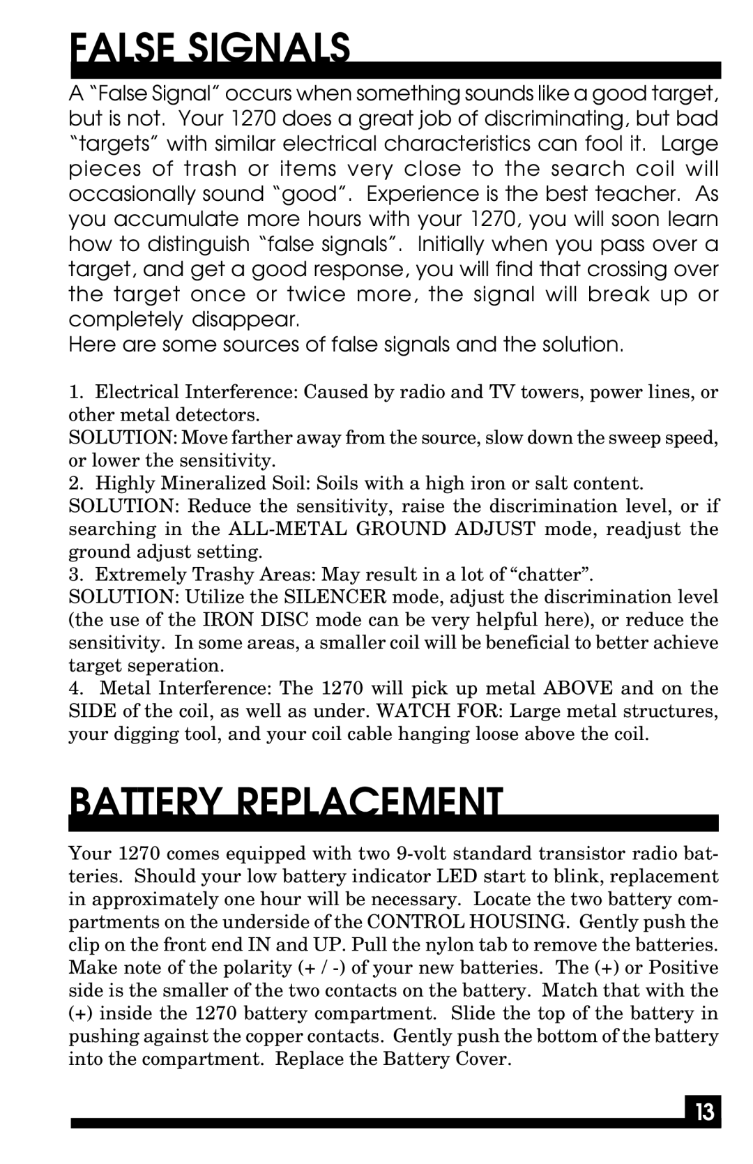 Fisher 1270 manual False Signals, Battery Replacement 