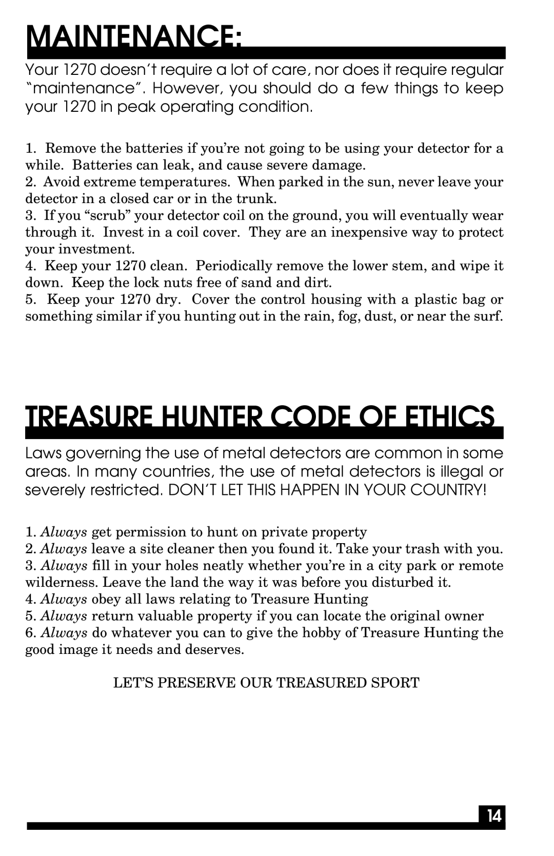 Fisher 1270 manual Maintenance, Treasure Hunter Code of Ethics 