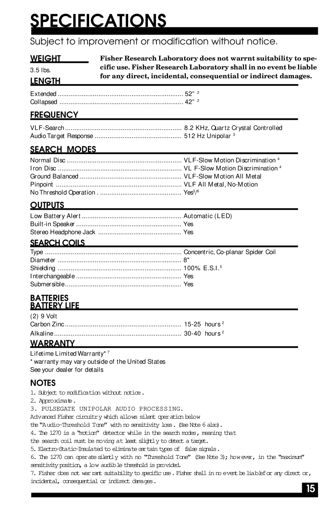 Fisher 1270 manual Specifications, Subject to improvement or modification without notice 