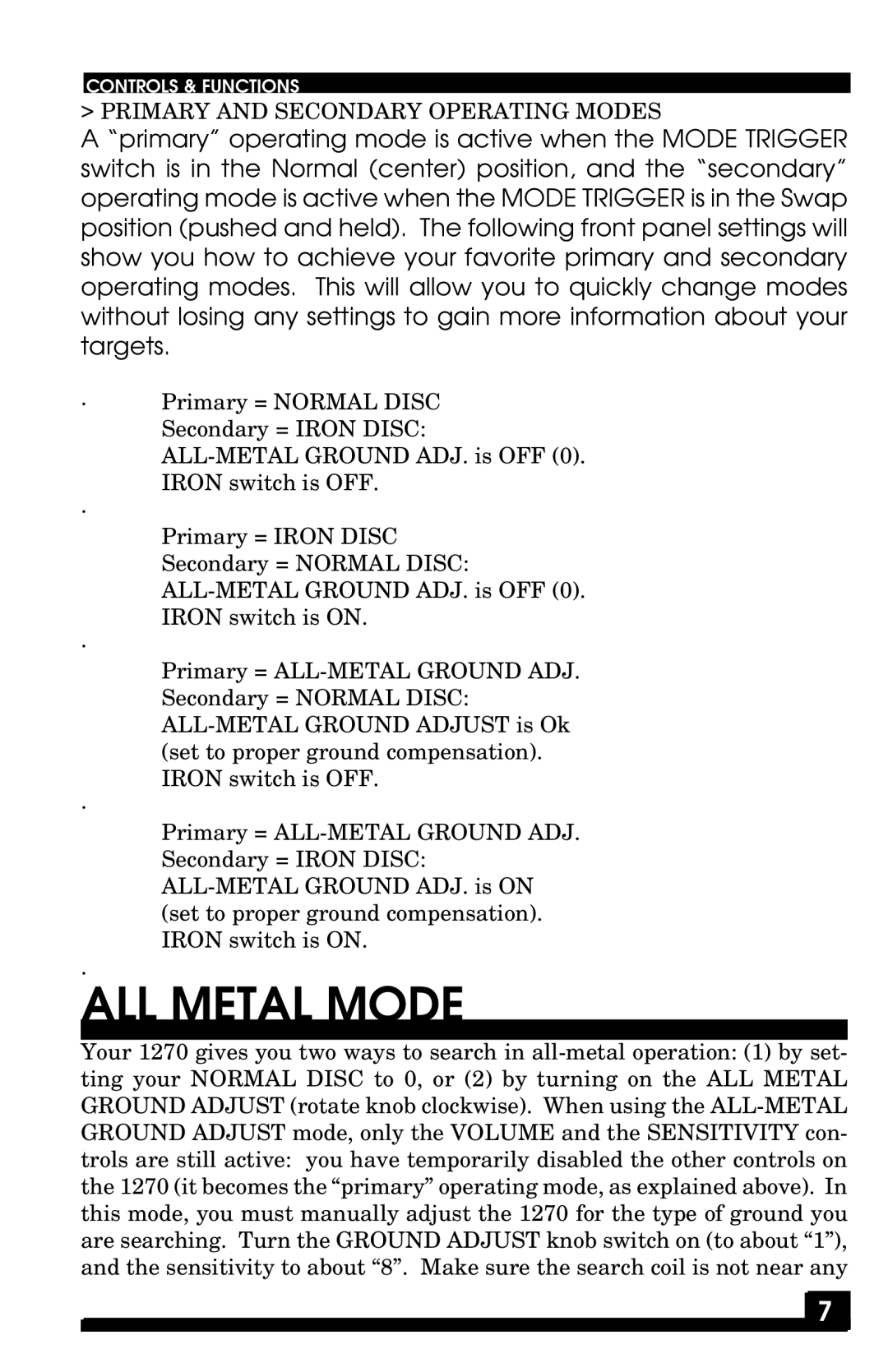 Fisher 1270 manual ALL Metal Mode 