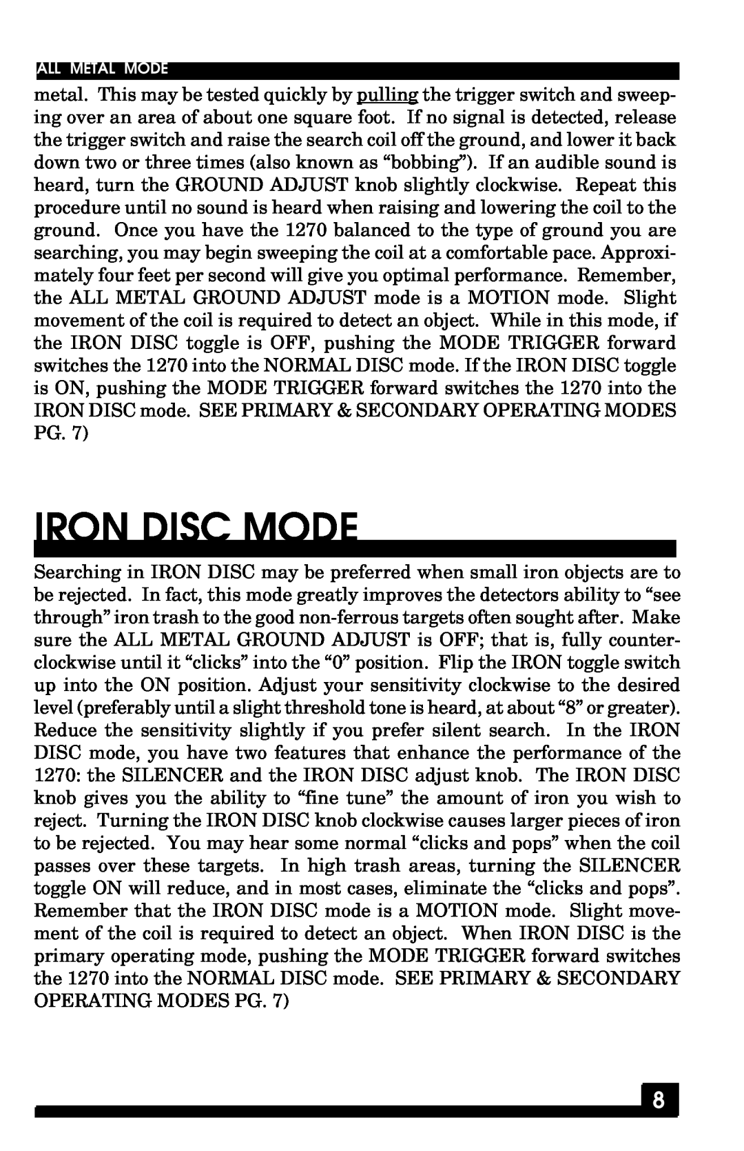 Fisher 1270 manual Iron Disc Mode, All Metal Mode 