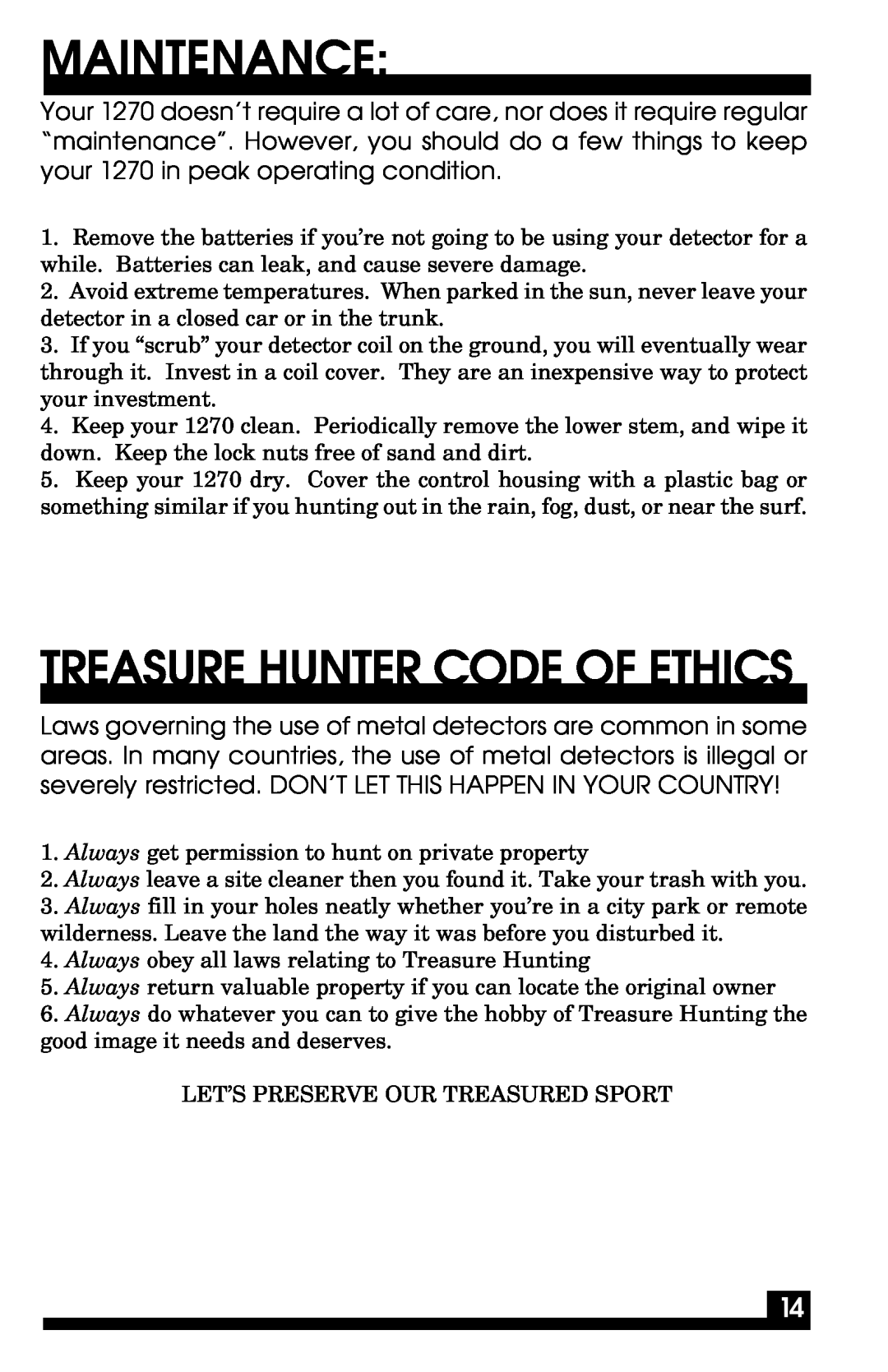 Fisher 1270 manual Maintenance, Treasure Hunter Code Of Ethics 