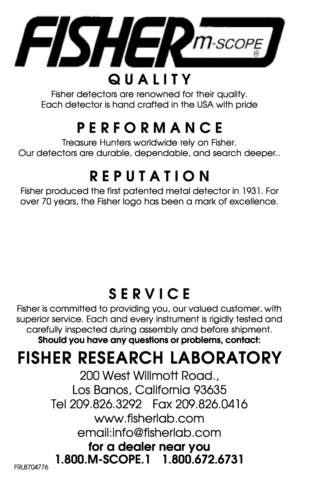 Fisher 1270 manual Fisher Research Laboratory, Q U A L I T Y, P E R F O R M A N C E, R E P U T A T I O N, S E R V I C E 