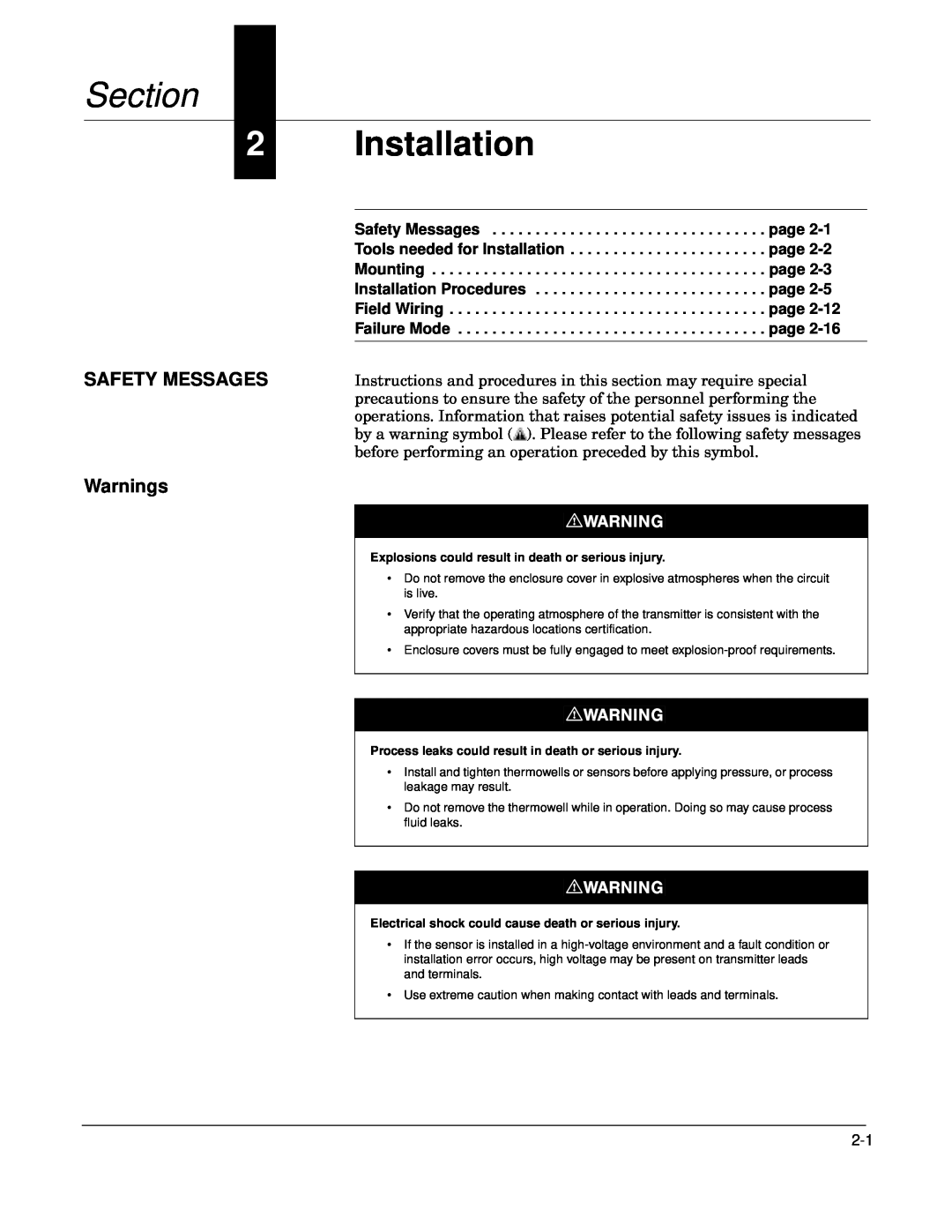 Fisher 244EH, 244ER manual Installation, SAFETY MESSAGES Warnings, Section 