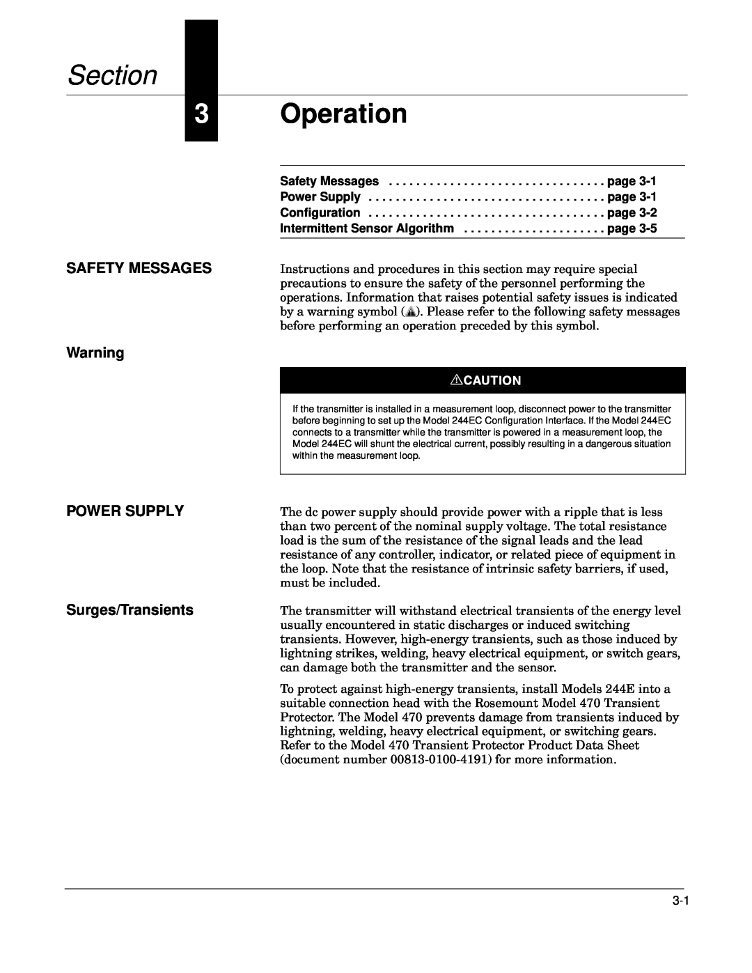 Fisher 244EH, 244ER manual Operation, POWER SUPPLY Surges/Transients, Section, Safety Messages 