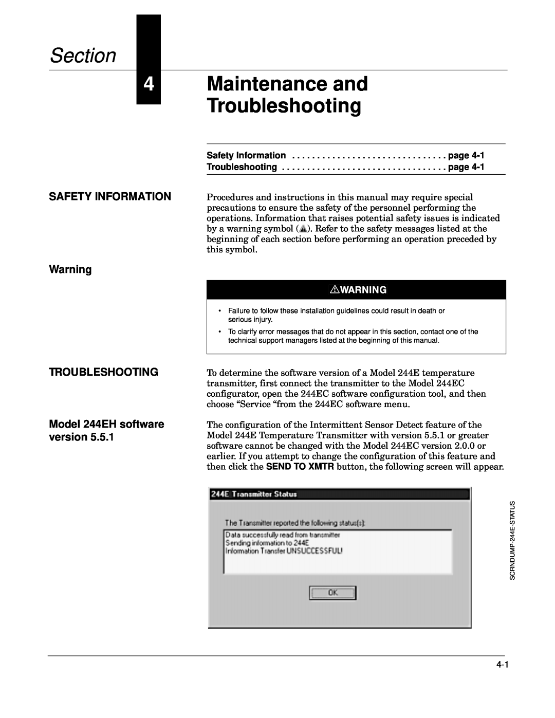Fisher manual Maintenance and Troubleshooting, Safety Information, TROUBLESHOOTING Model 244EH software version, Section 