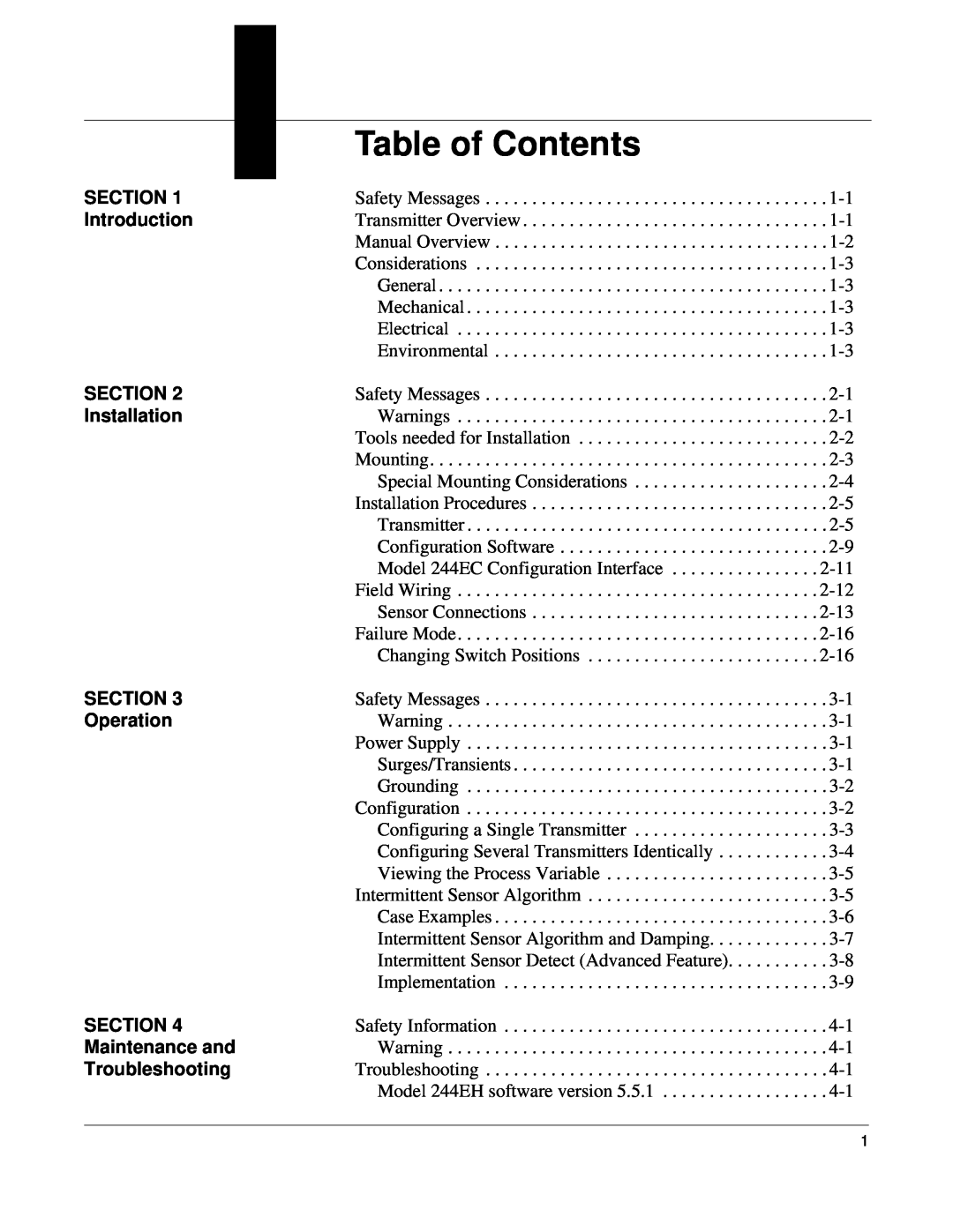 Fisher 244EH, 244ER Table of Contents, Section, Introduction, Installation, Operation, Maintenance and, Troubleshooting 