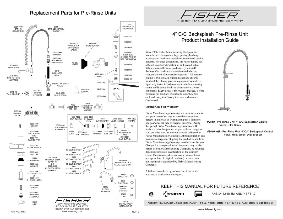 Fisher 2610-WB warranty Replacement Parts for Pre-Rinse Units, C Backsplash Pre-Rinse Unit Product Installation Guide 