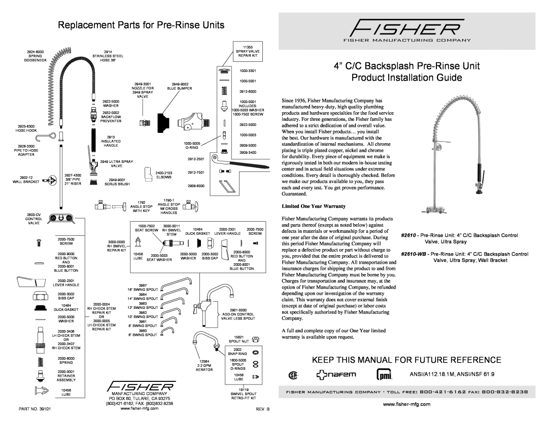 Fisher 2610-WB warranty Replacement Parts for Pre-Rinse Units, 4” C/C Backsplash Pre-Rinse Unit Product Installation Guide 