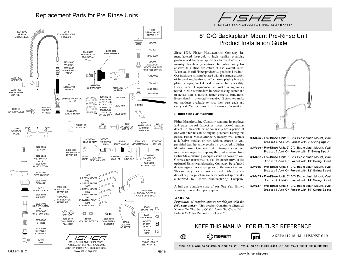 Fisher 34436 warranty Replacement Parts for Pre-Rinse Units 