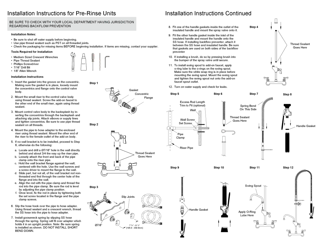 Fisher 34436 warranty Installation Instructions for Pre-Rinse Units 