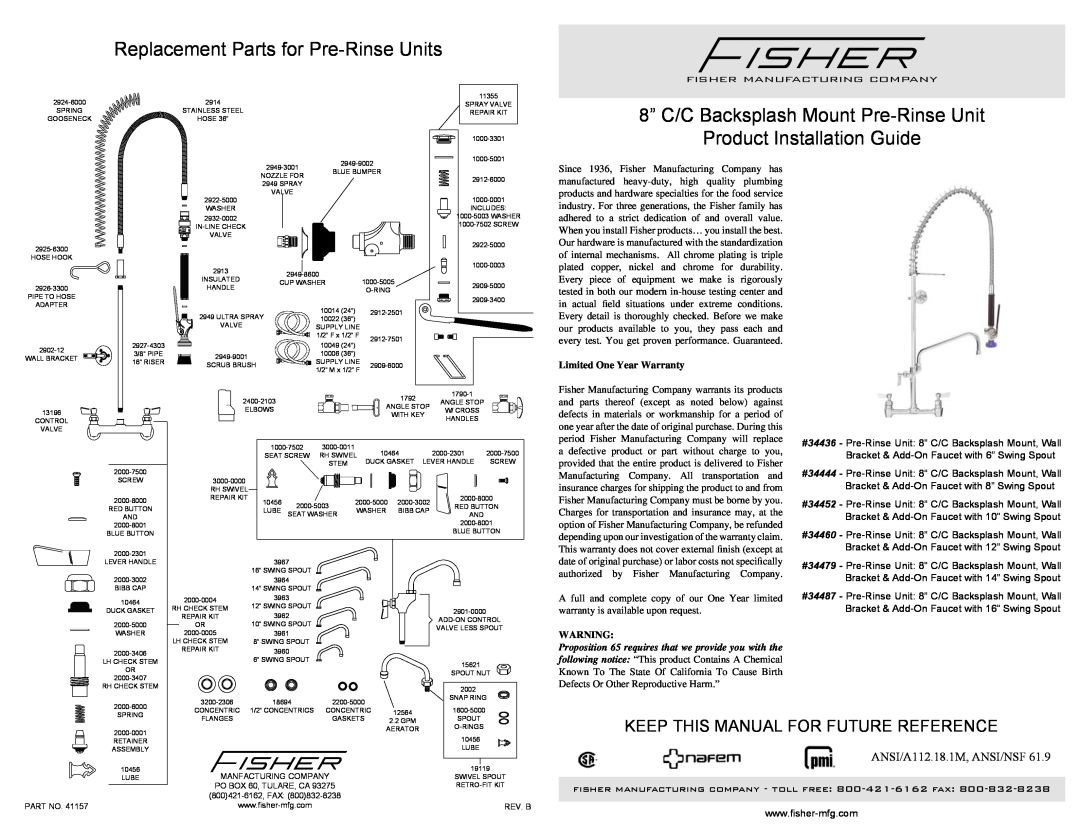 Fisher 34436 warranty Replacement Parts for Pre-Rinse Units, fisher manufacturing company - toll free 800-421-6162 fax 