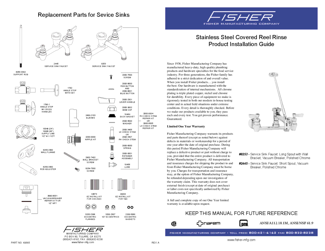 Fisher 2445, 8253 warranty Replacement Parts for Sevice Sinks, Limited One Year Warranty 