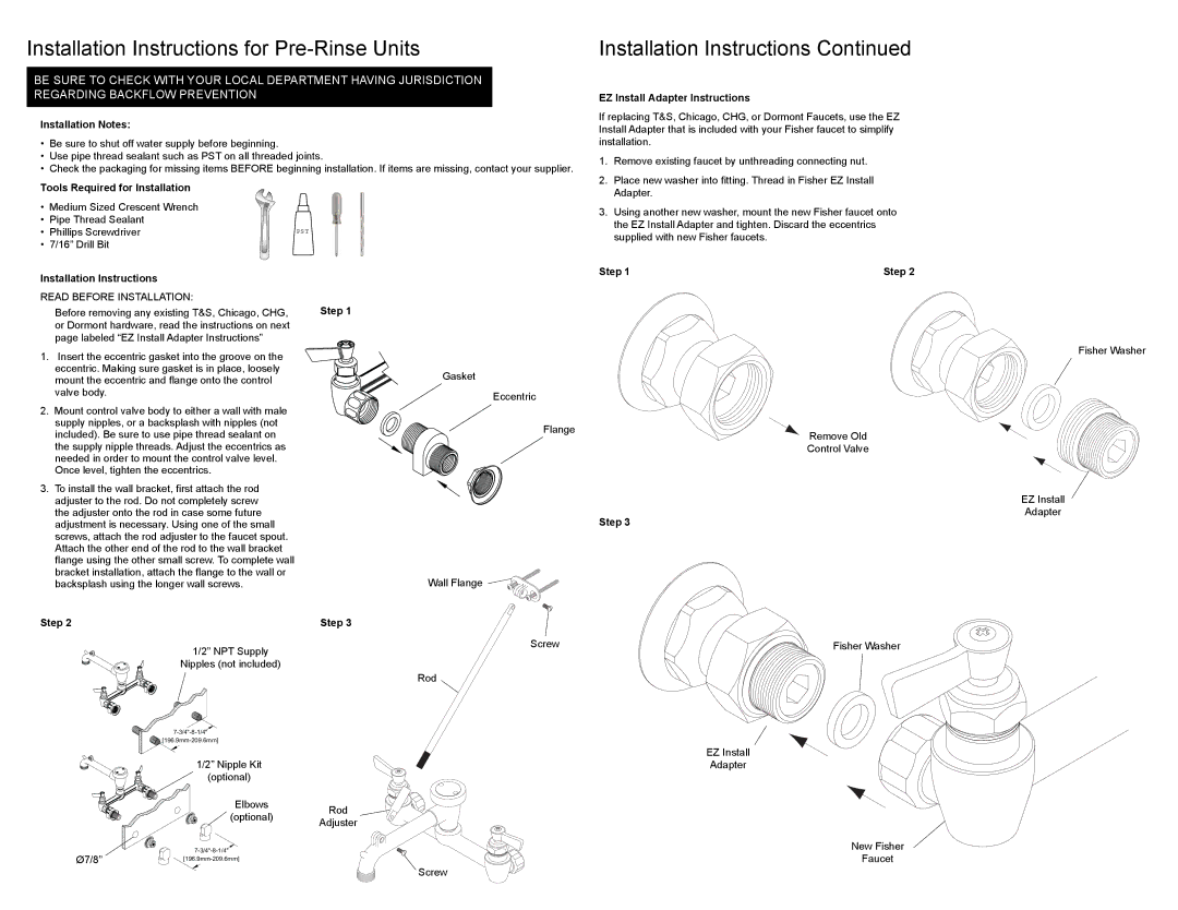 Fisher 8253, 2445 warranty Installation Instructions for Pre-Rinse Units 