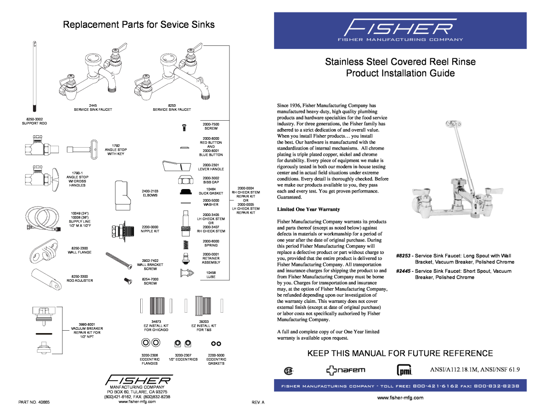 Fisher 2445 warranty Replacement Parts for Sevice Sinks, Stainless Steel Covered Reel Rinse Product Installation Guide 