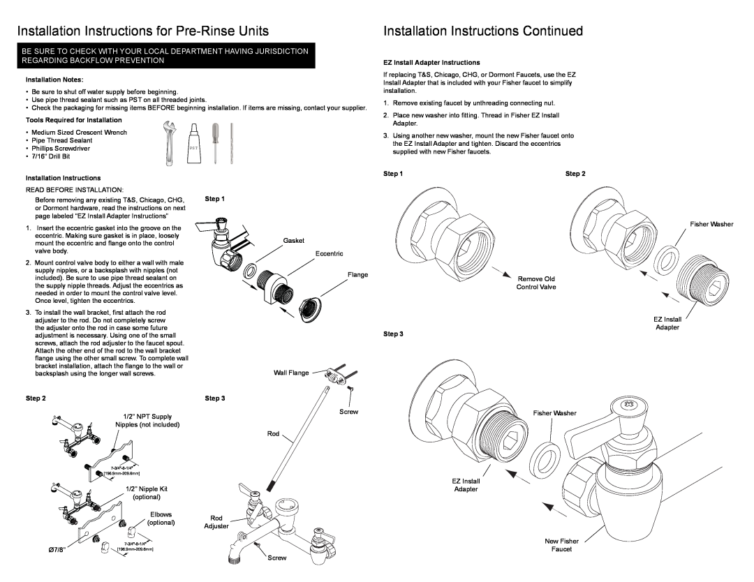Fisher 8253, 2445 warranty Installation Instructions for Pre-Rinse Units, Installation Instructions Continued 