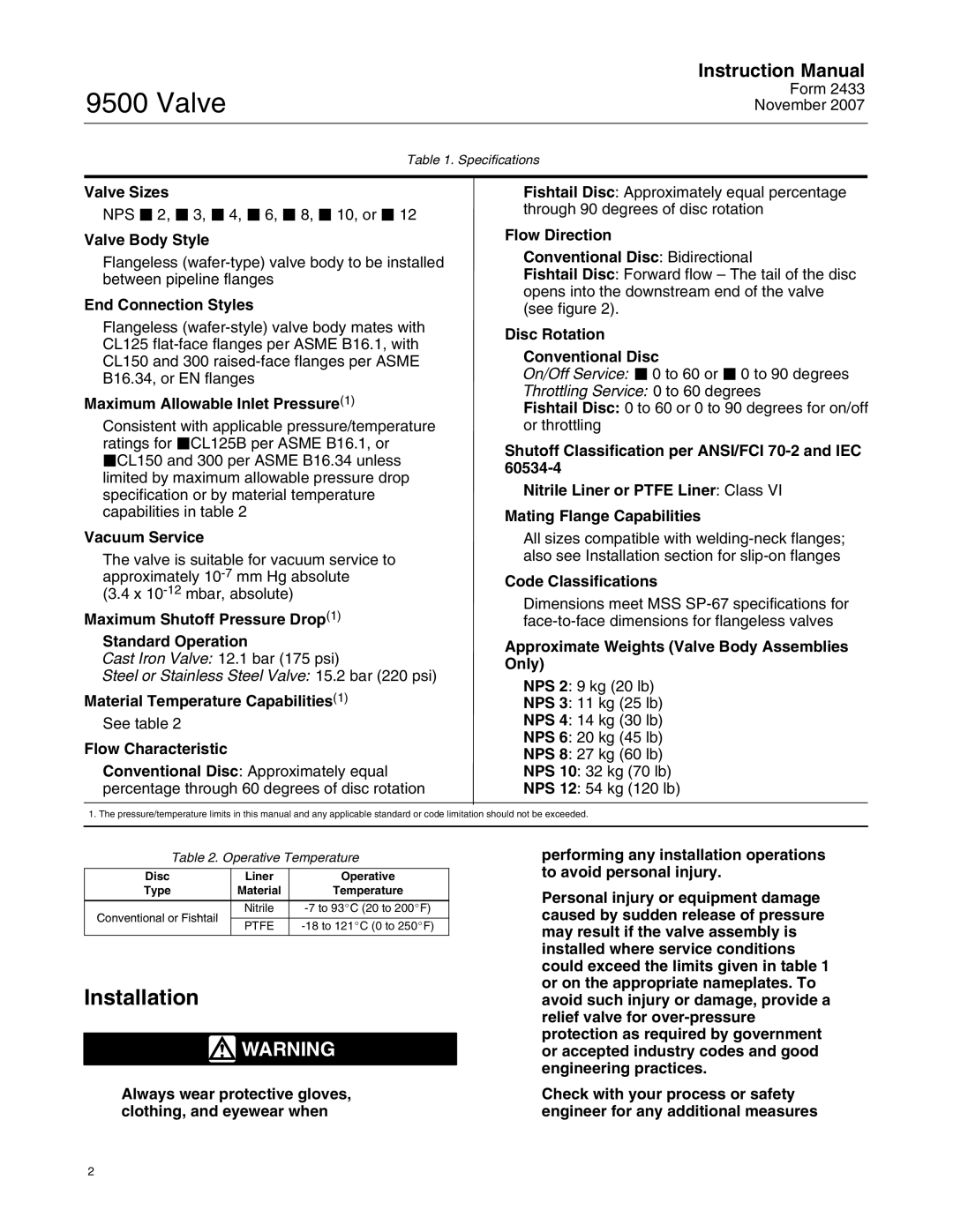 Fisher 9500 instruction manual Installation, Specifications, Operative Temperature 