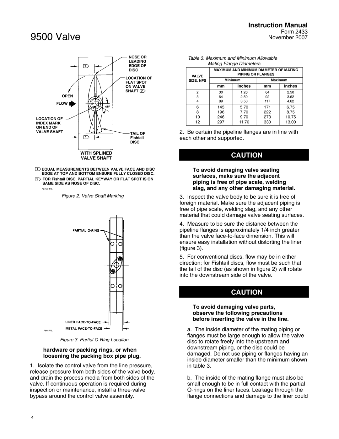 Fisher 9500 instruction manual Valve Shaft Marking, Maximum and Minimum Allowable Mating Flange Diameters 