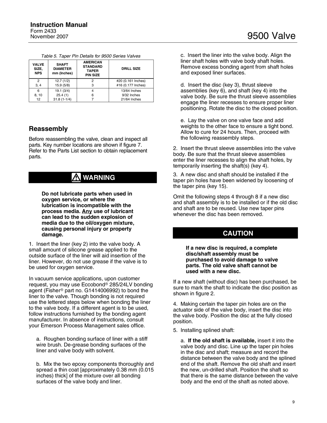 Fisher instruction manual Reassembly, Taper Pin Details for 9500 Series Valves 