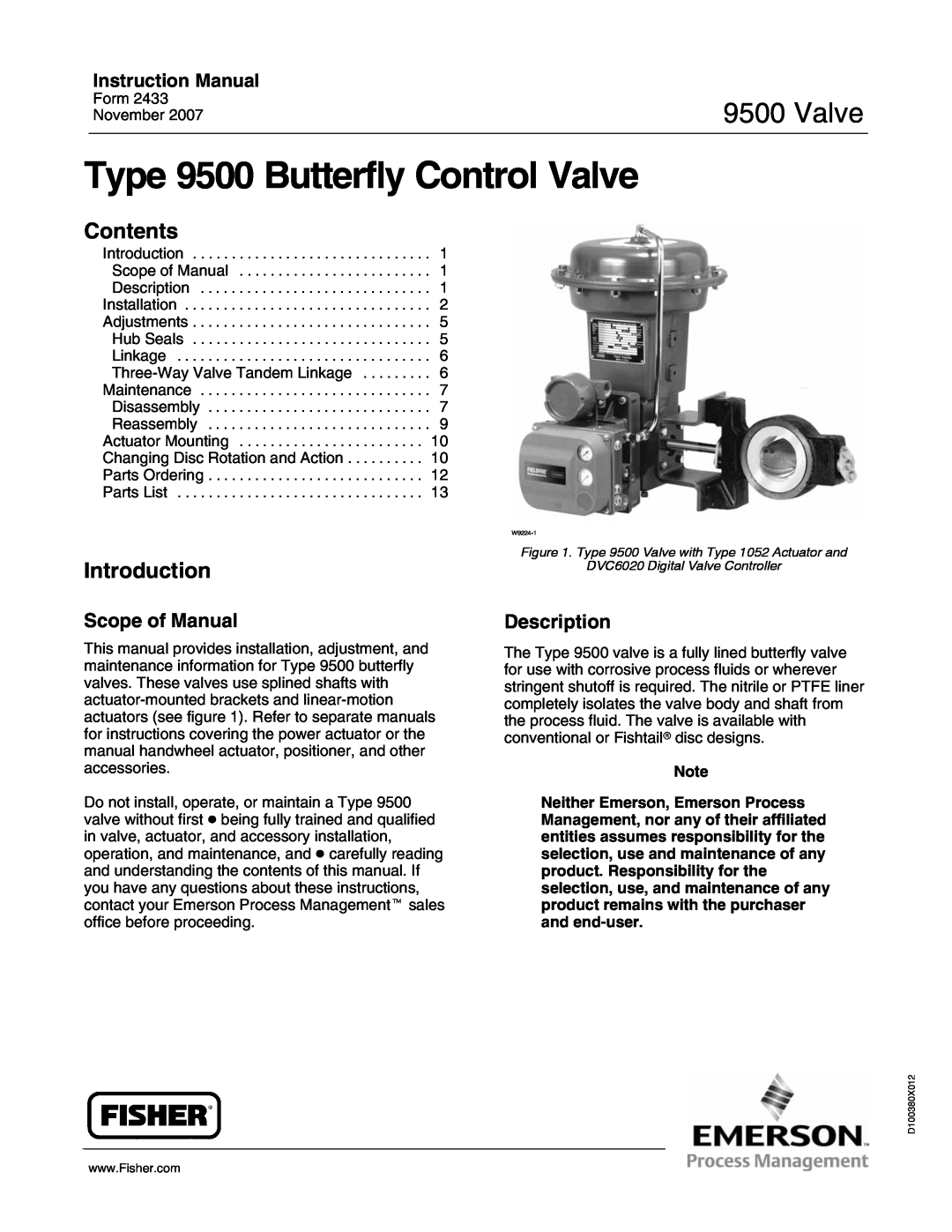 Fisher 9500 instruction manual Valve, Contents, Introduction, Scope of Manual, Description, Instruction Manual 