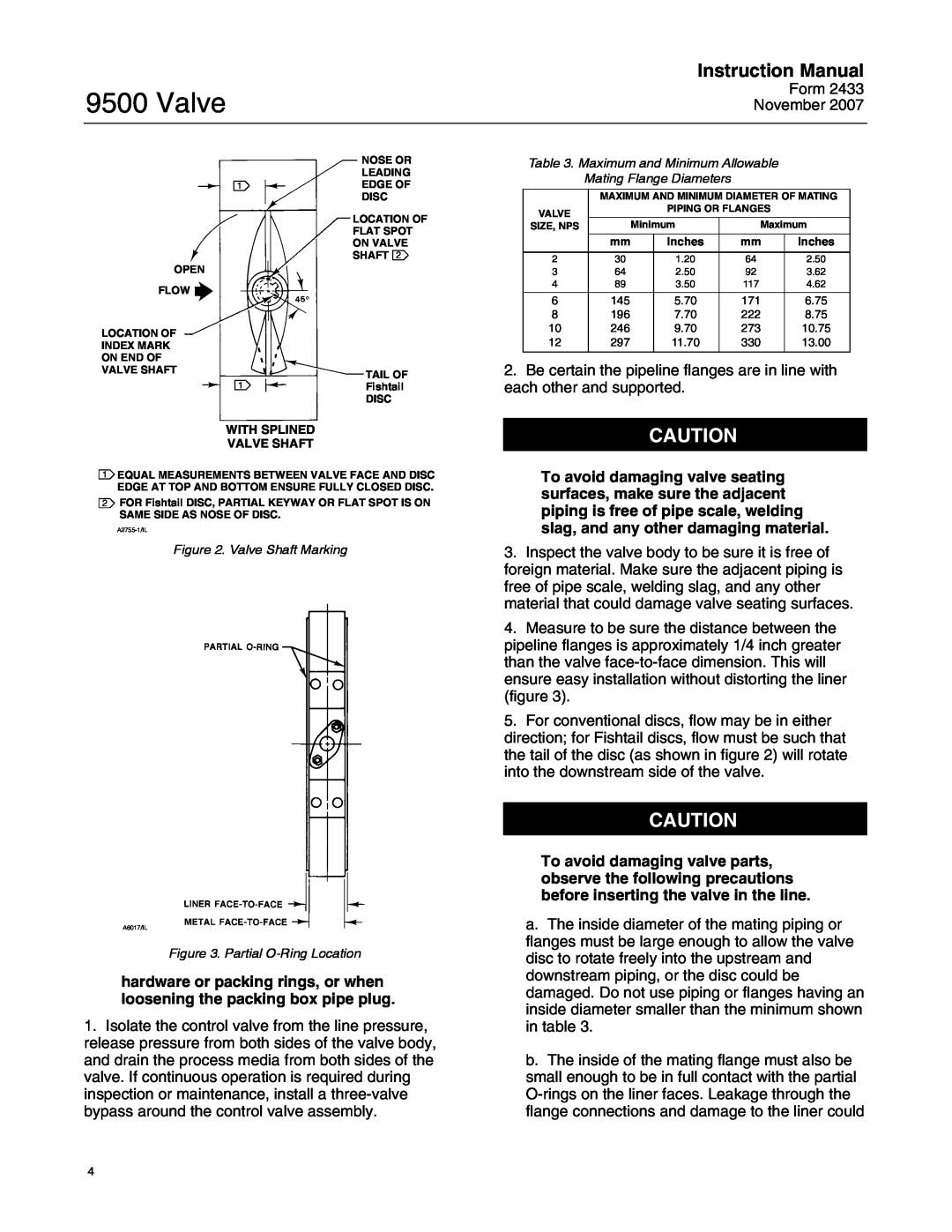 Fisher 9500 Instruction Manual, With Splined Valve Shaft, Valve Shaft Marking, Partial O-Ring Location 
