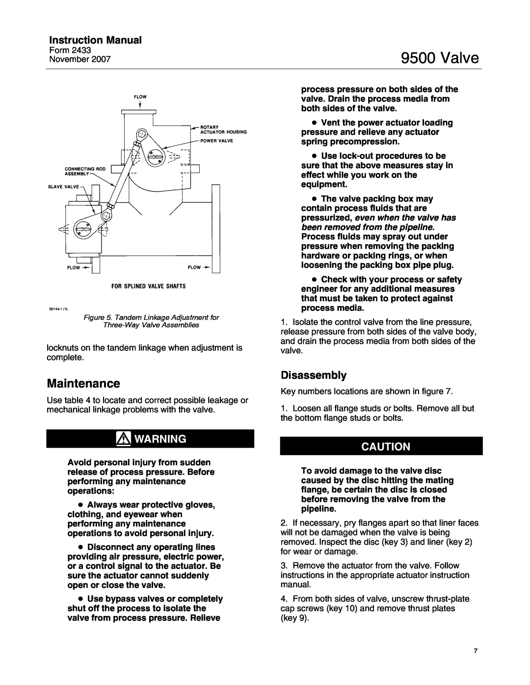 Fisher 9500 instruction manual Maintenance, Disassembly, Valve, Instruction Manual 