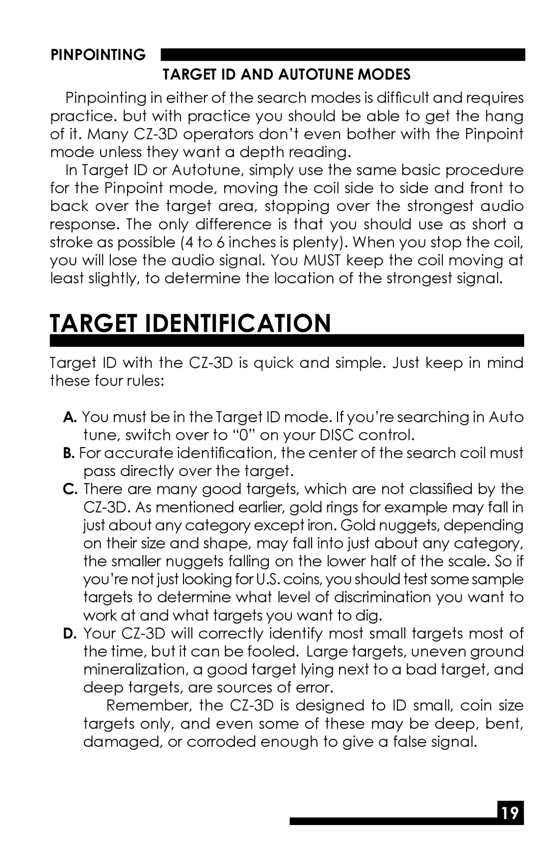 Fisher CZ-3D manual Target Identification, Pinpointing Target ID and Autotune Modes 