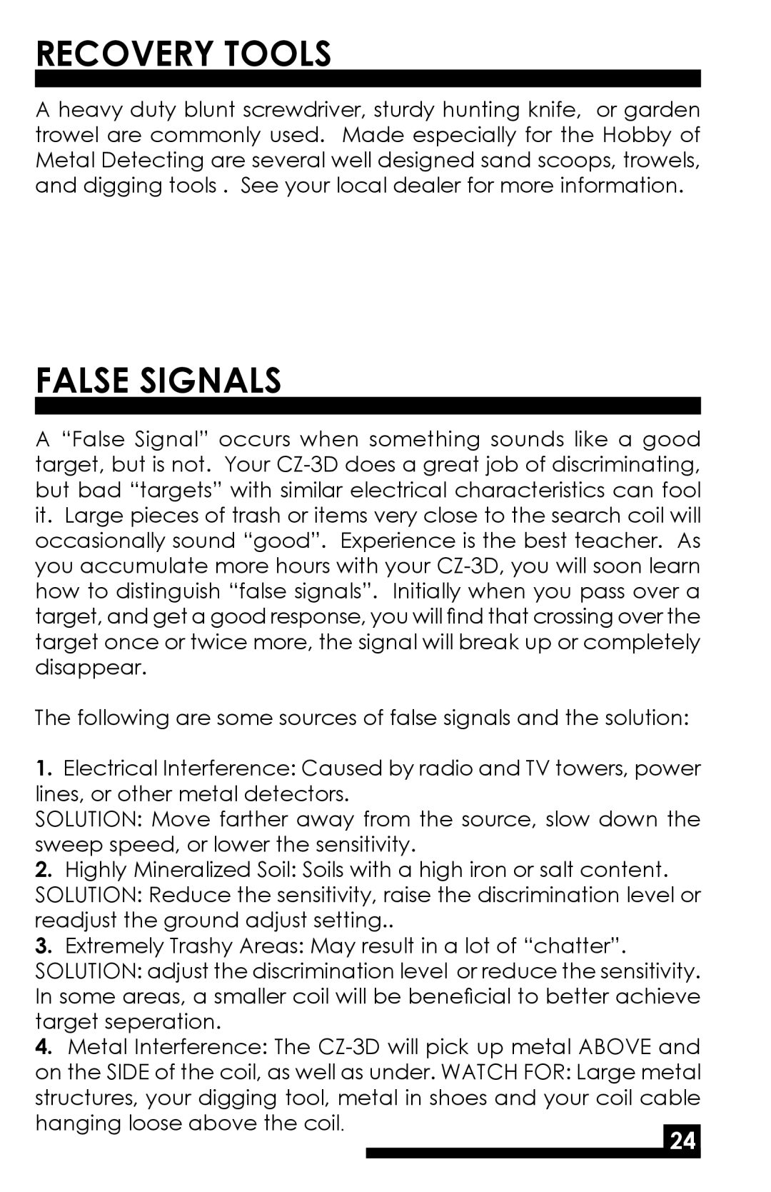 Fisher CZ-3D manual Recovery Tools, False Signals 