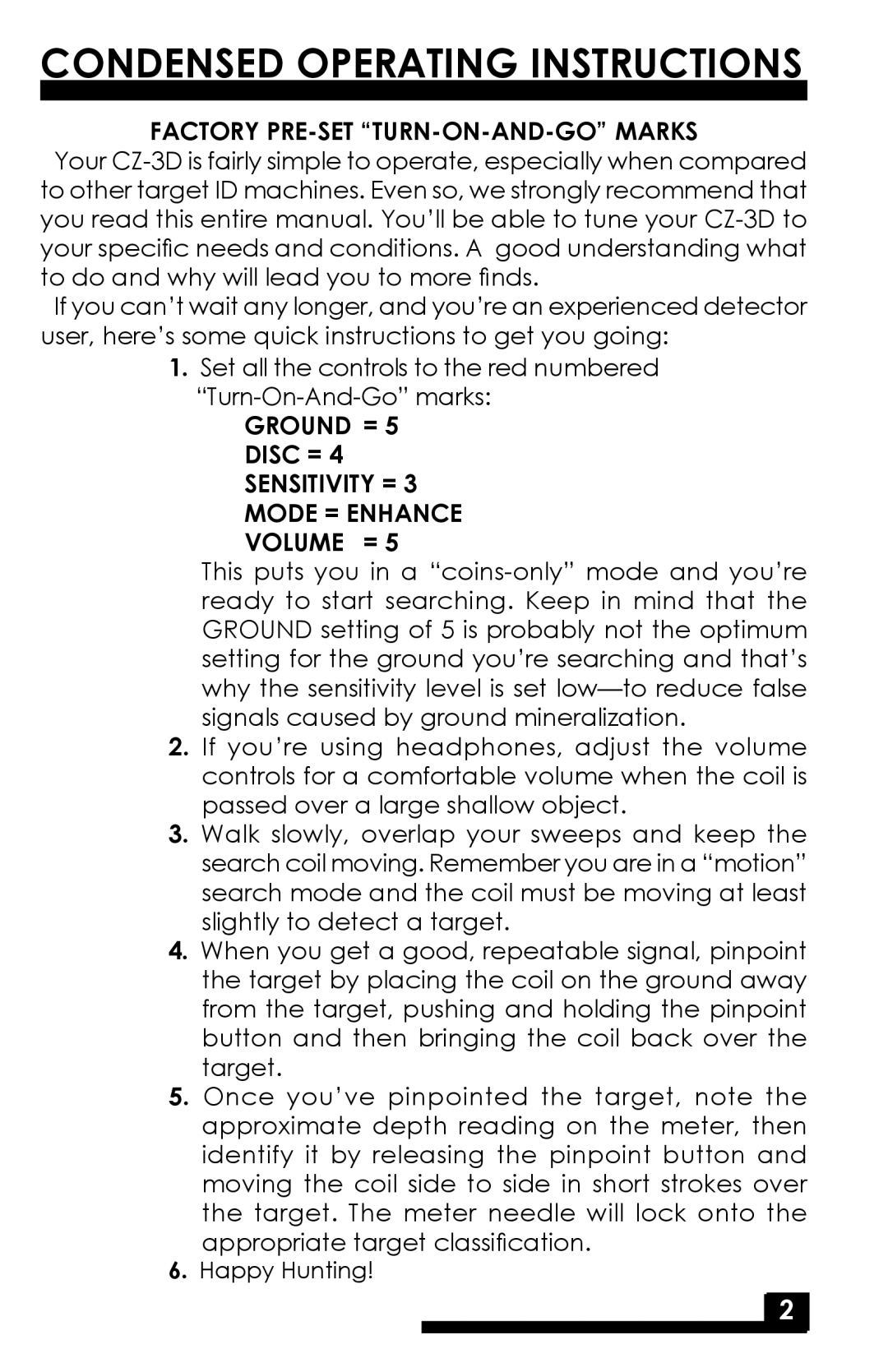 Fisher CZ-3D manual Condensed Operating Instructions, Factory PRE-SET TURN-ON-AND-GO Marks 