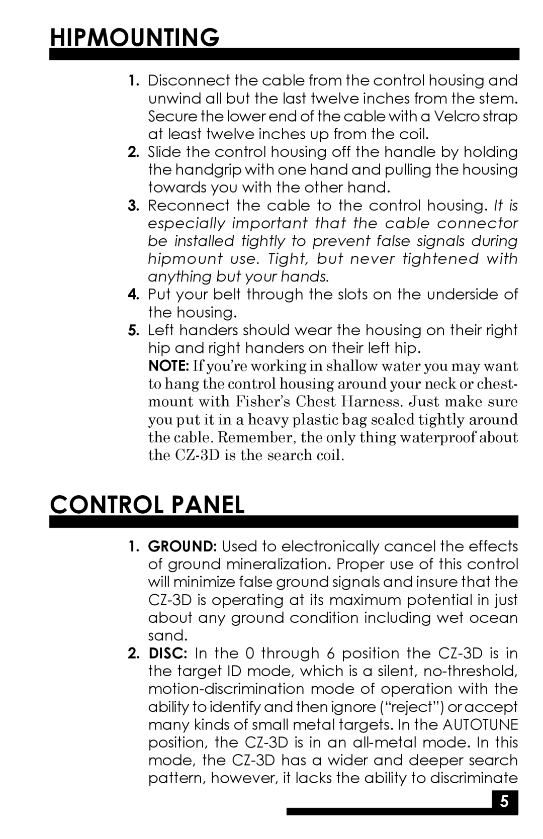 Fisher CZ-3D manual Hipmounting, Control Panel 