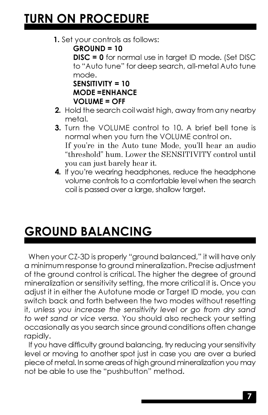 Fisher CZ-3D manual Turn on Procedure, Ground Balancing, Ground =, Sensitivity = Mode =ENHANCE Volume = OFF 