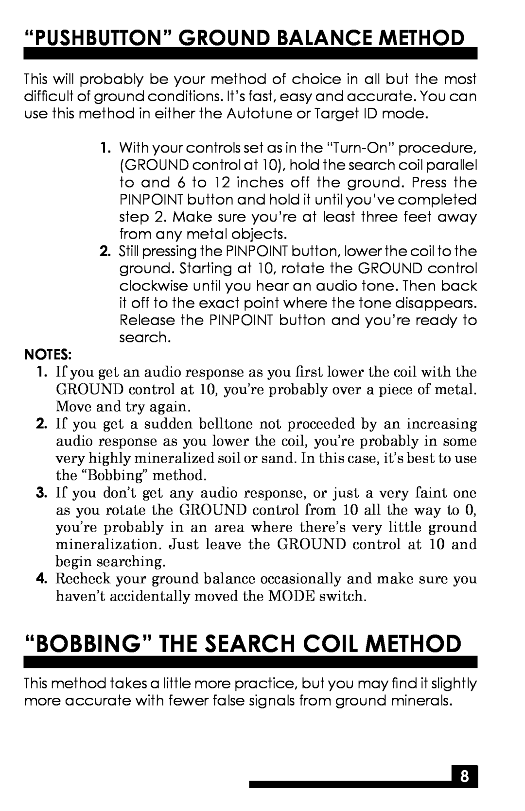 Fisher CZ-3D manual “Bobbing” The Search Coil Method, “Pushbutton” Ground Balance Method 