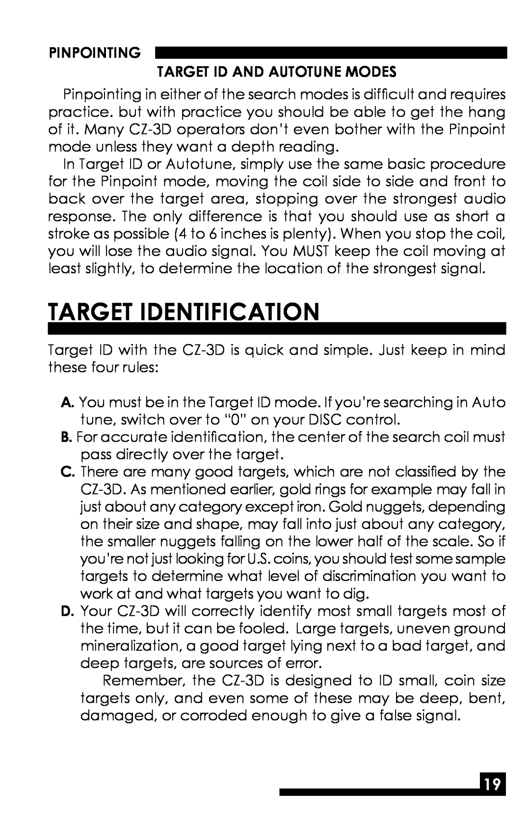 Fisher CZ-3D manual Target Identification, Pinpointing Target Id And Autotune Modes 