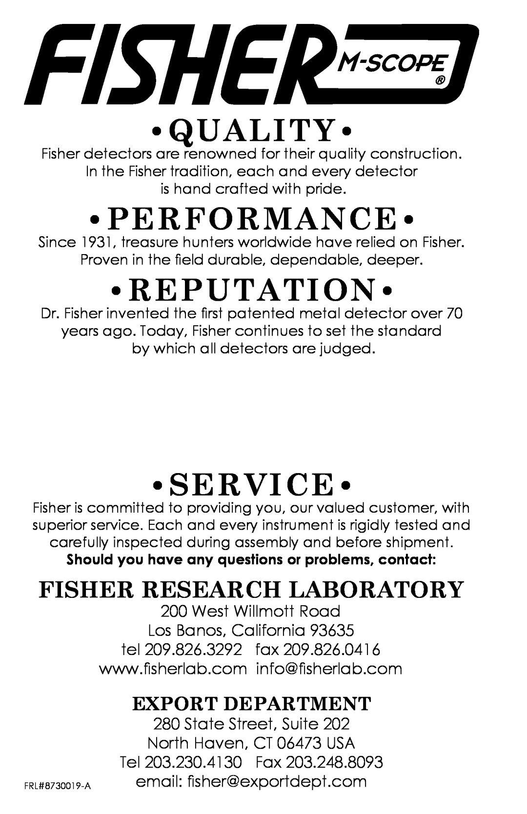 Fisher CZ-3D Export Department, Quality, Performance, Reputation, Lifetime Warranty, Service, Fisher Research Laboratory 