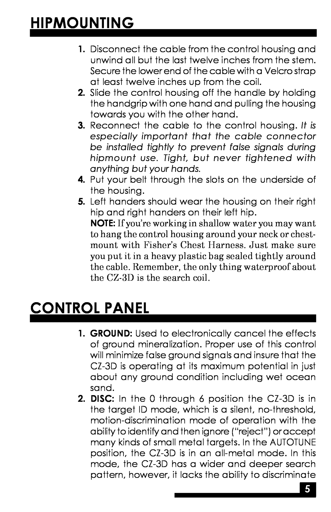 Fisher CZ-3D manual Hipmounting, Control Panel 