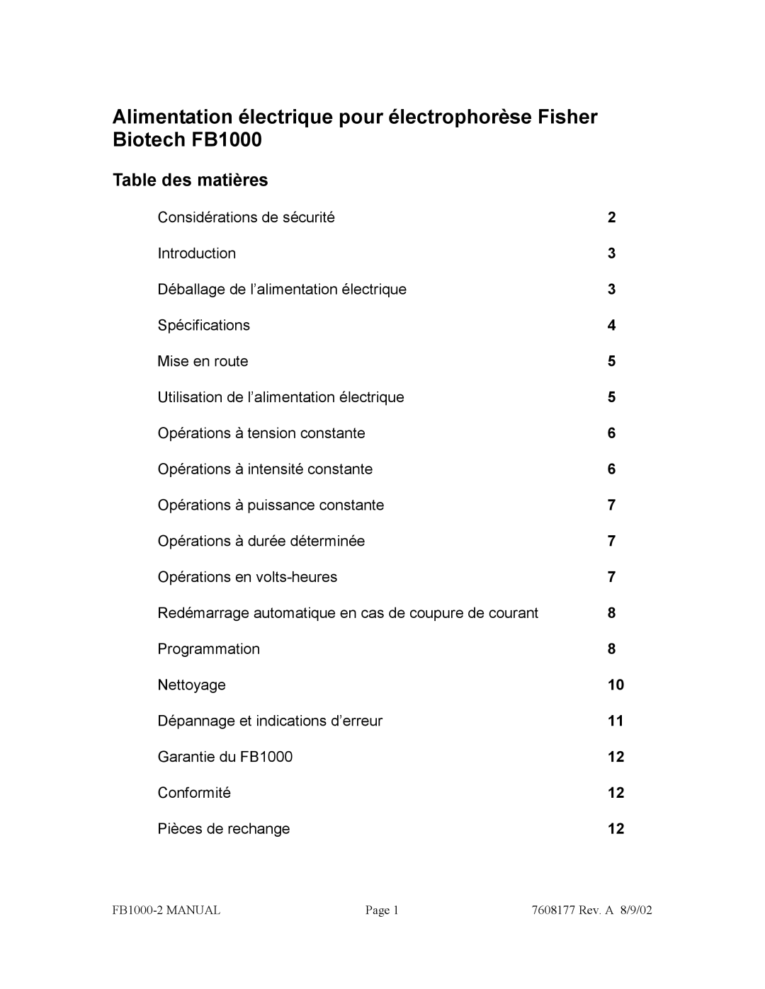 Fisher FB1000-2 manual Table des matières 