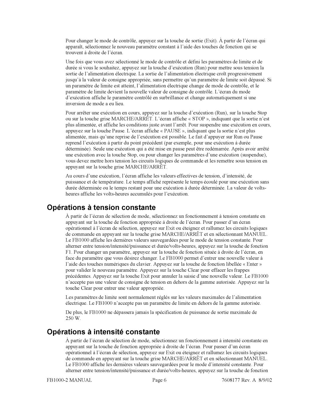 Fisher FB1000-2 manual Opérations à tension constante, Opérations à intensité constante 