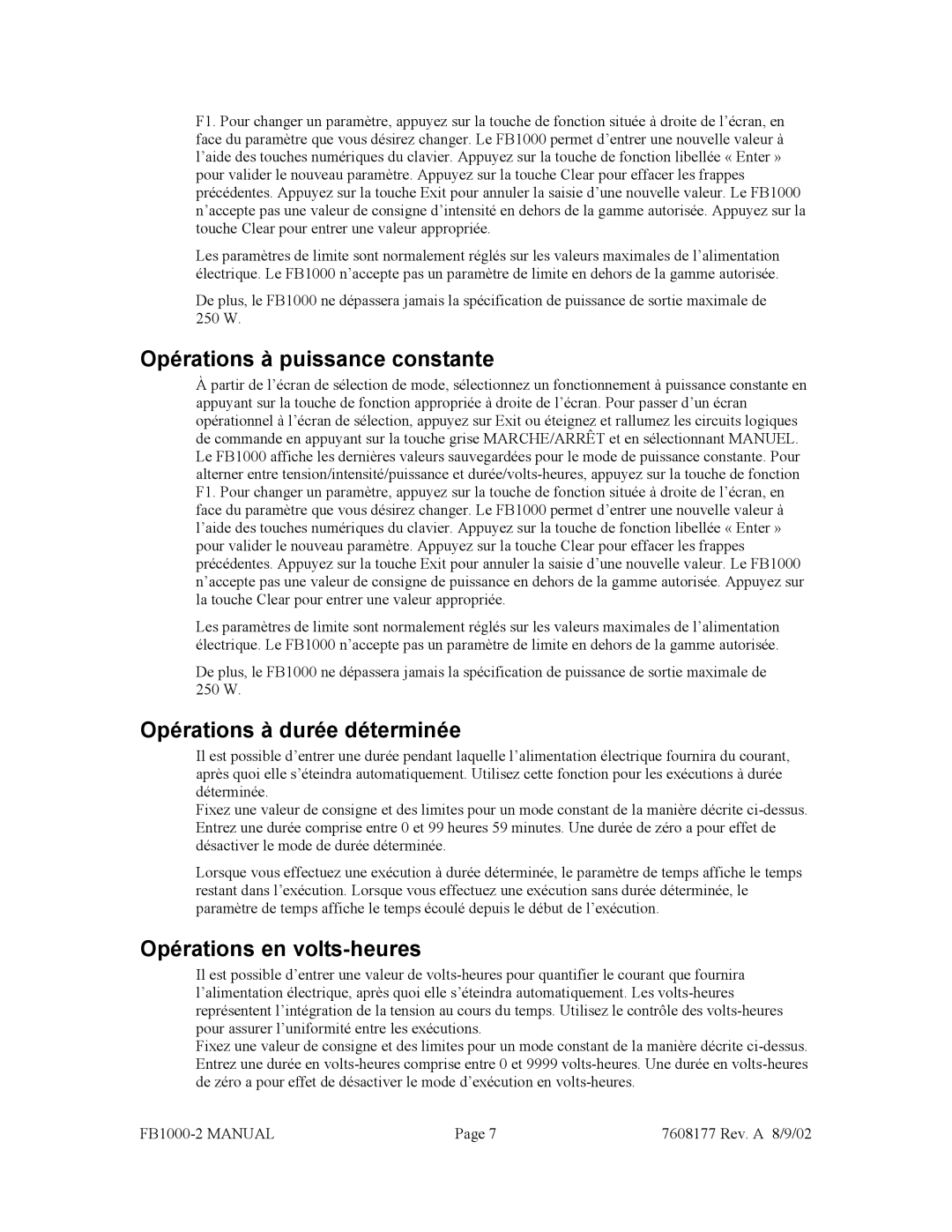 Fisher FB1000-2 manual Opérations à puissance constante, Opérations à durée déterminée, Opérations en volts-heures 