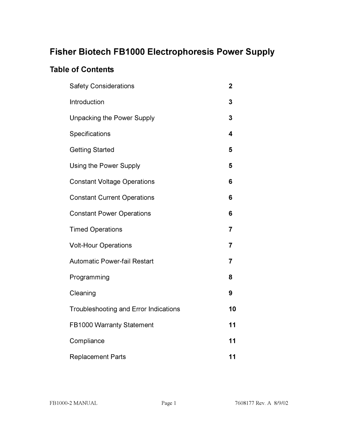 Fisher FB1000-2 manual Fisher Biotech FB1000 Electrophoresis Power Supply, Table of Contents 