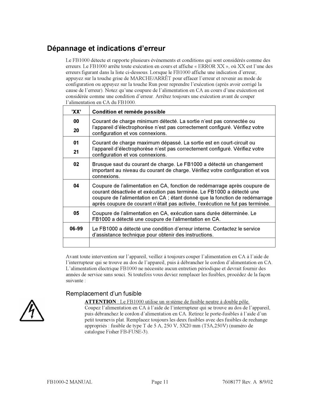 Fisher FB1000-2 manual Dépannage et indications d’erreur, Remplacement d’un fusible 