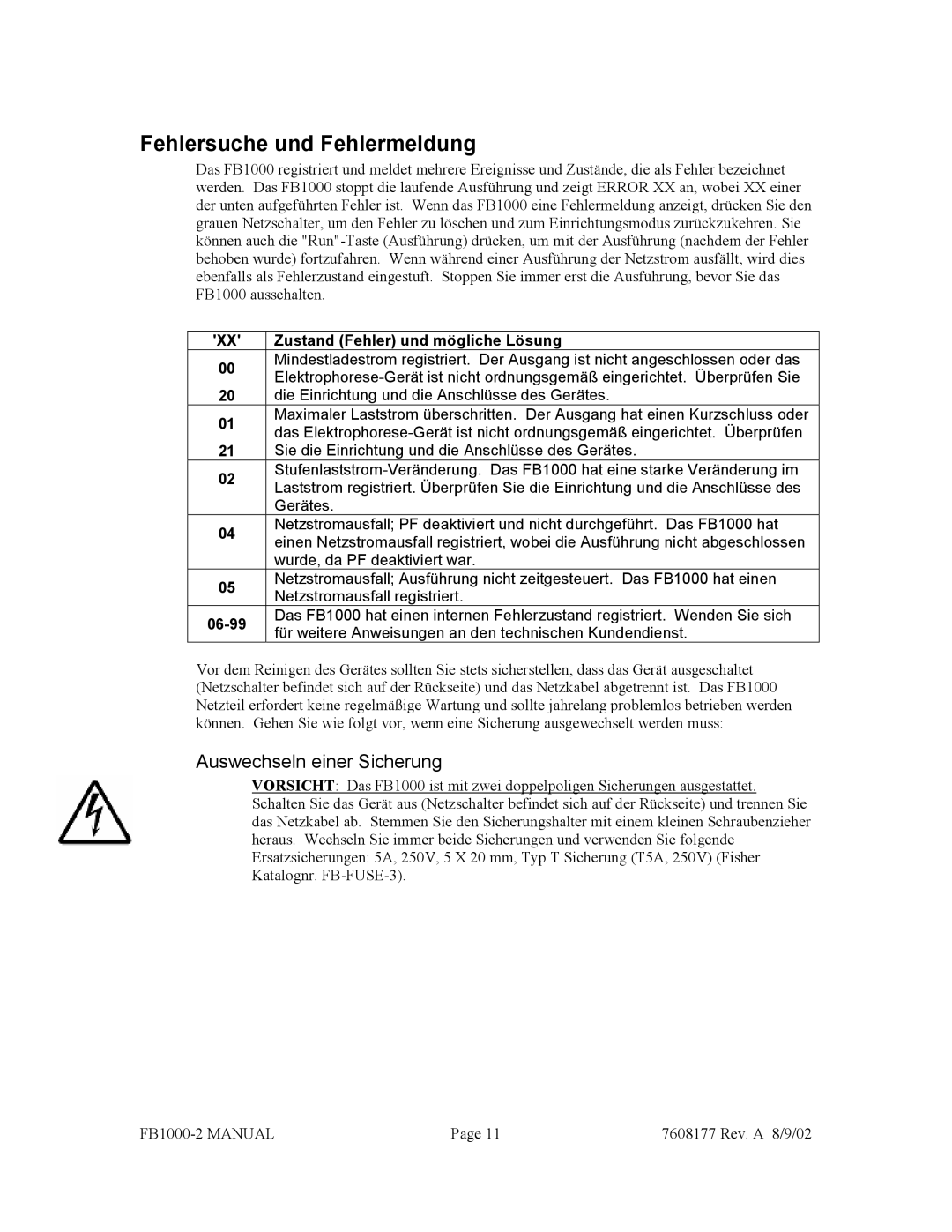 Fisher FB1000-2 manual Fehlersuche und Fehlermeldung, Auswechseln einer Sicherung 