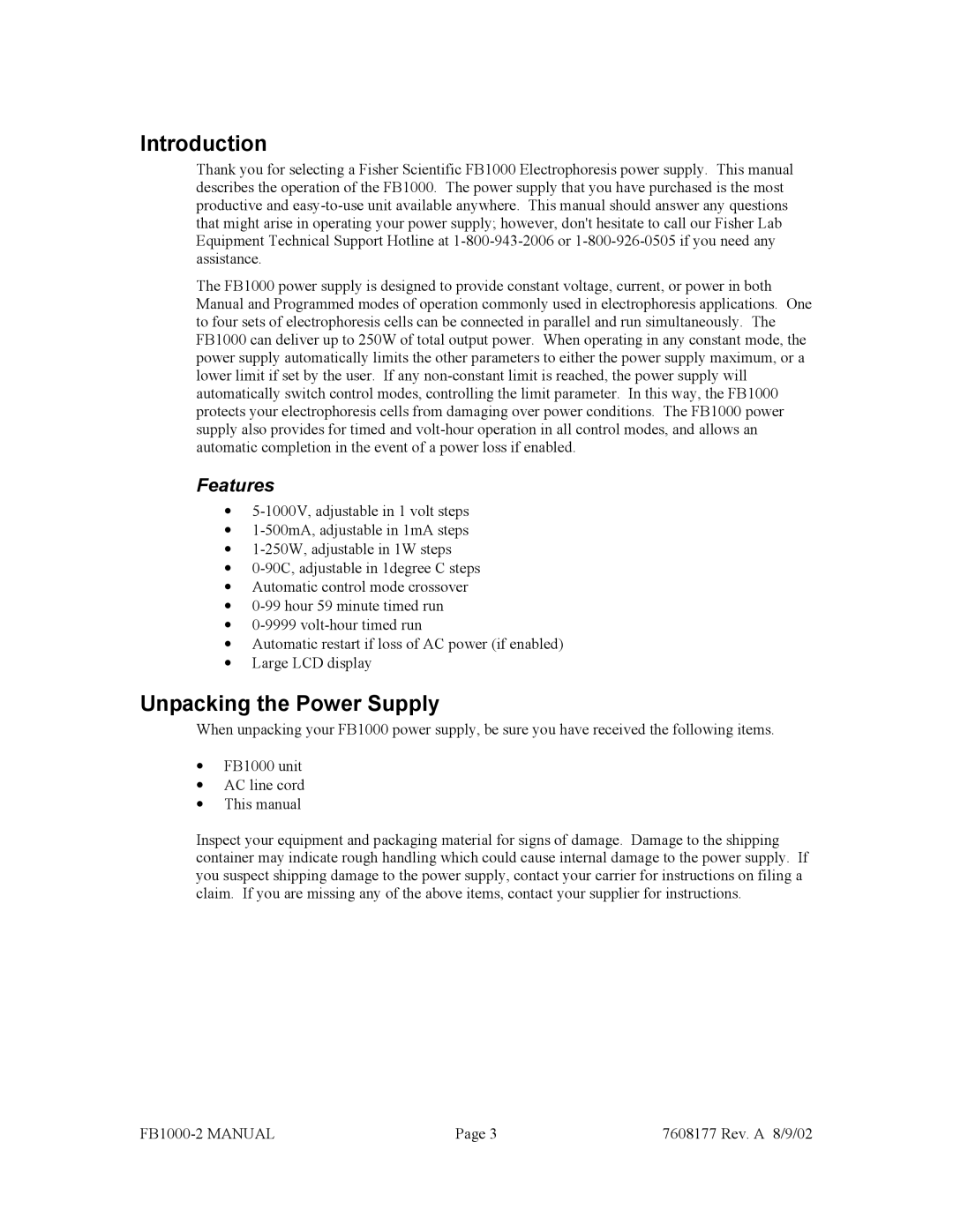 Fisher FB1000-2 manual Introduction, Unpacking the Power Supply 