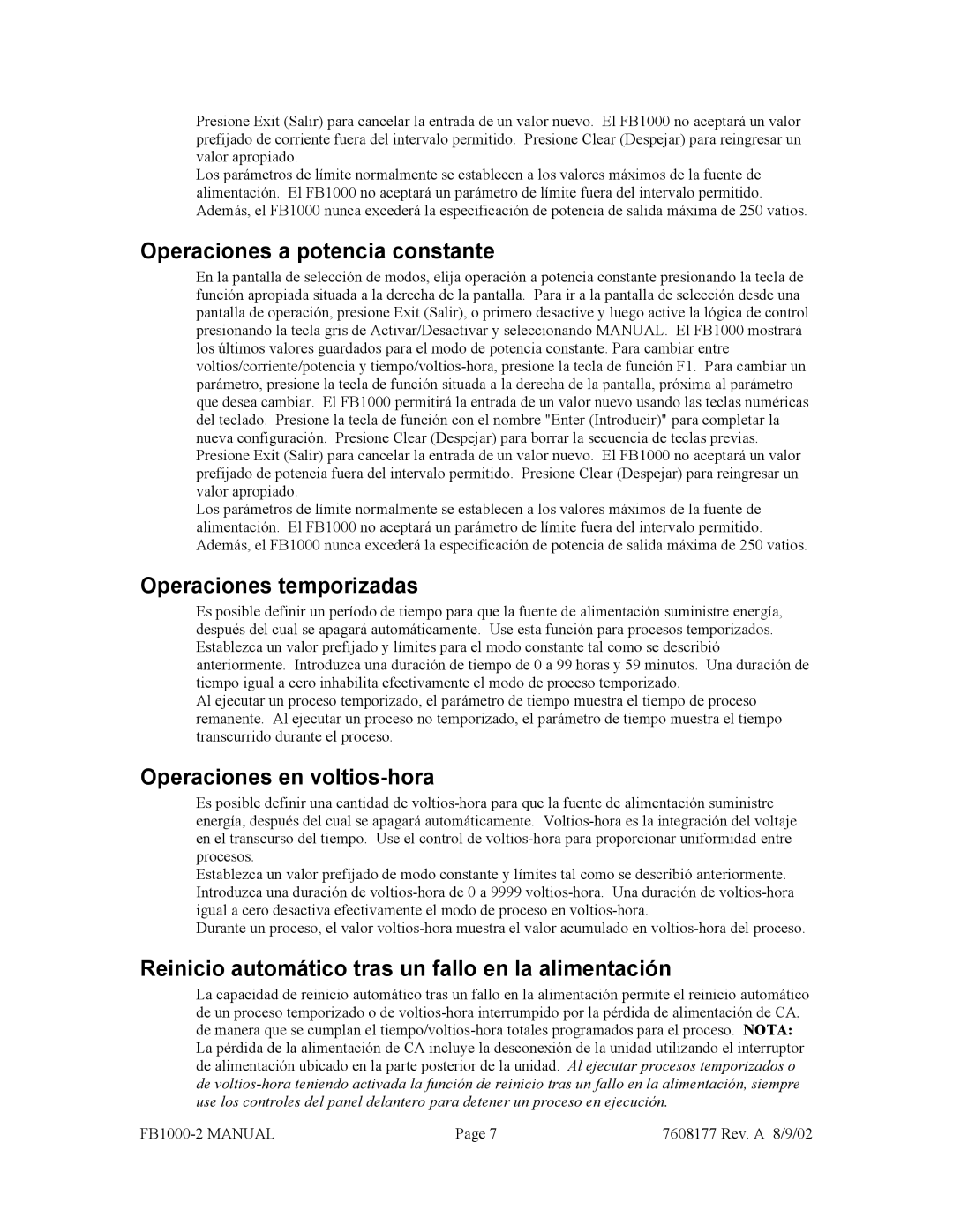 Fisher FB1000-2 manual Operaciones a potencia constante, Operaciones temporizadas, Operaciones en voltios-hora 