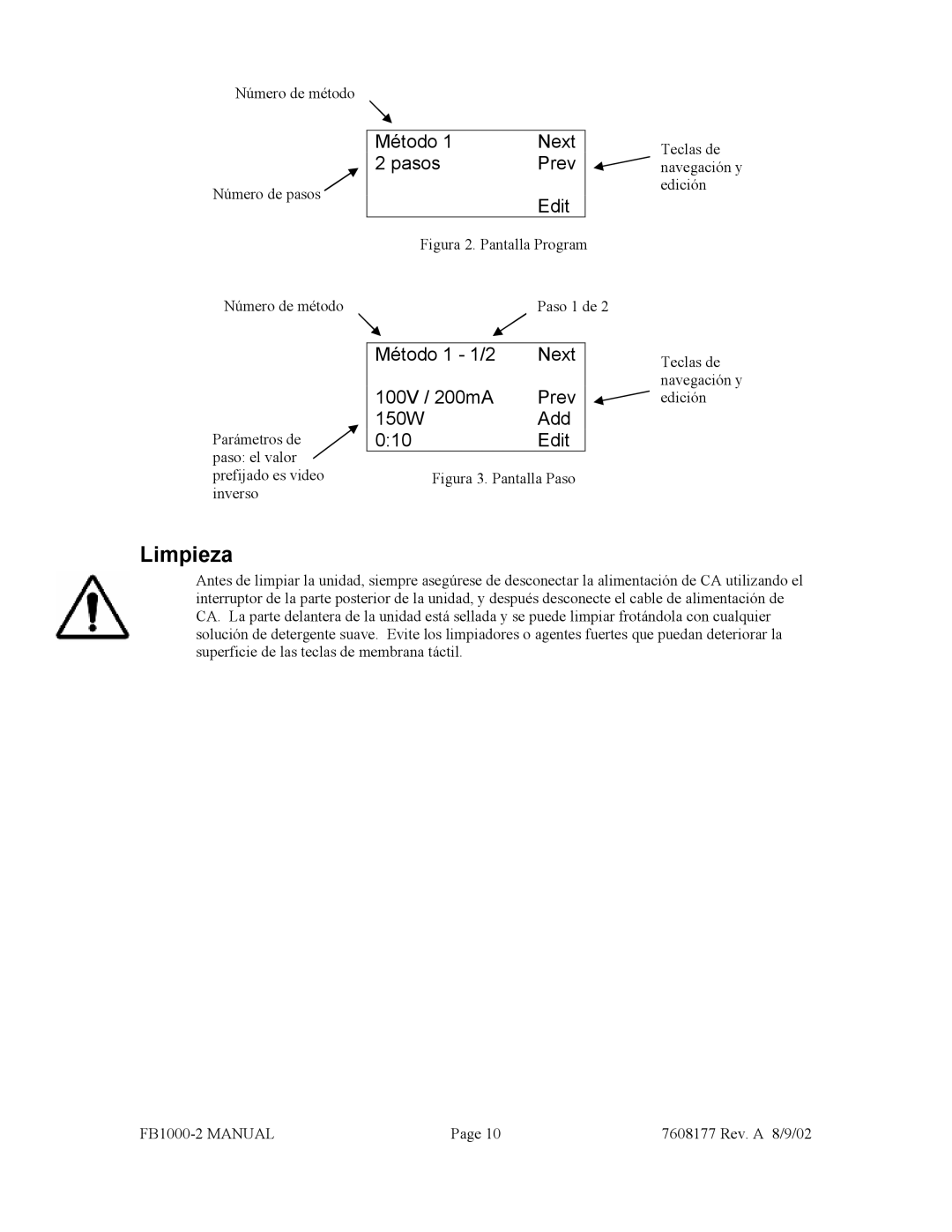 Fisher FB1000-2 manual Limpieza, Método Next, Pasos Prev, Método 1 1/2 Next 