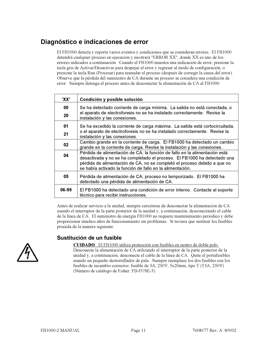 Fisher FB1000-2 manual Diagnóstico e indicaciones de error, Condición y posible solución 