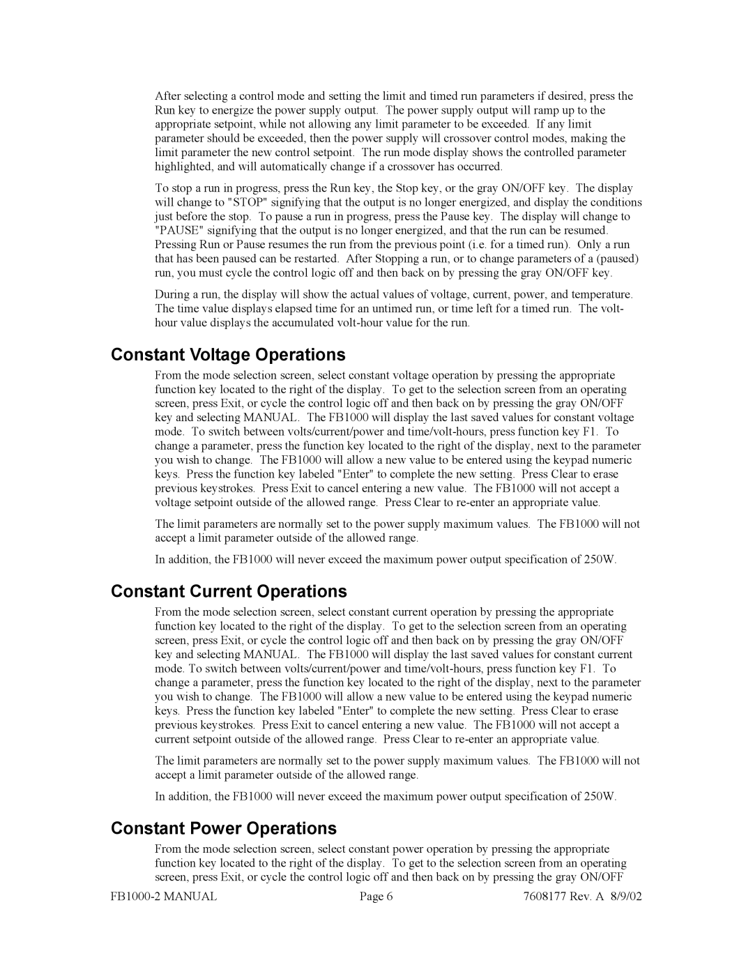 Fisher FB1000-2 manual Constant Voltage Operations, Constant Current Operations, Constant Power Operations 