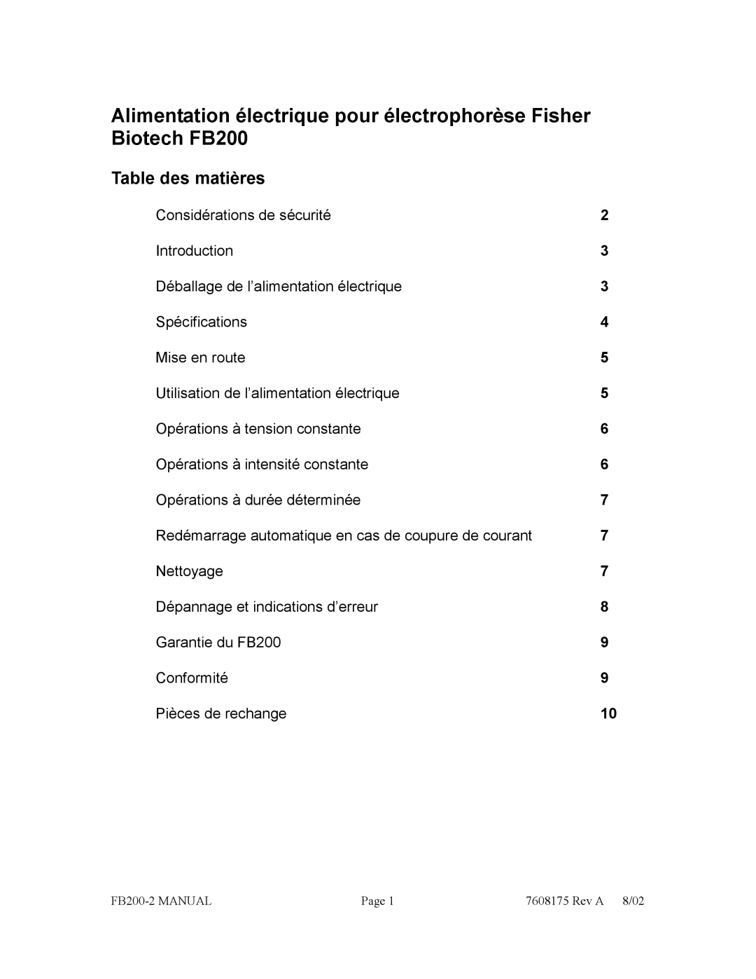 Fisher FB200-2 manual Table des matières 