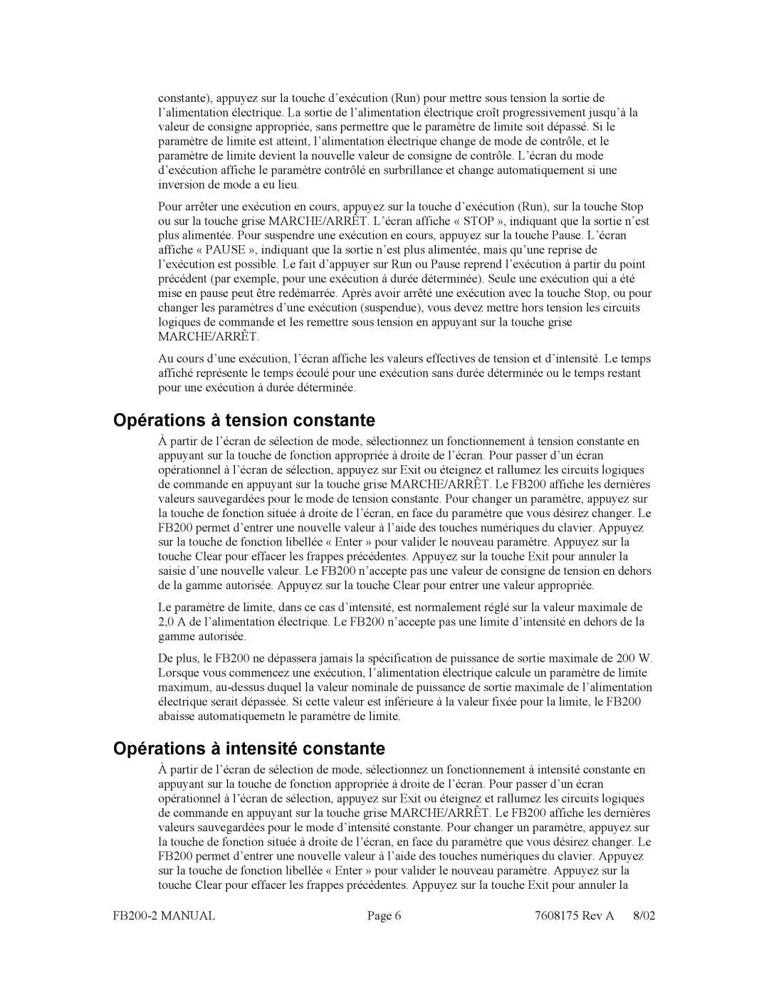 Fisher FB200-2 manual Opérations à tension constante, Opérations à intensité constante 